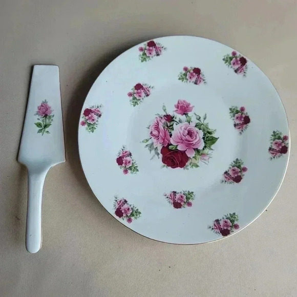 Vintage Formalities by Baum Bros Cake Plate & Server Gold Trim Pink Roses 10.5" - Picture 1 of 13